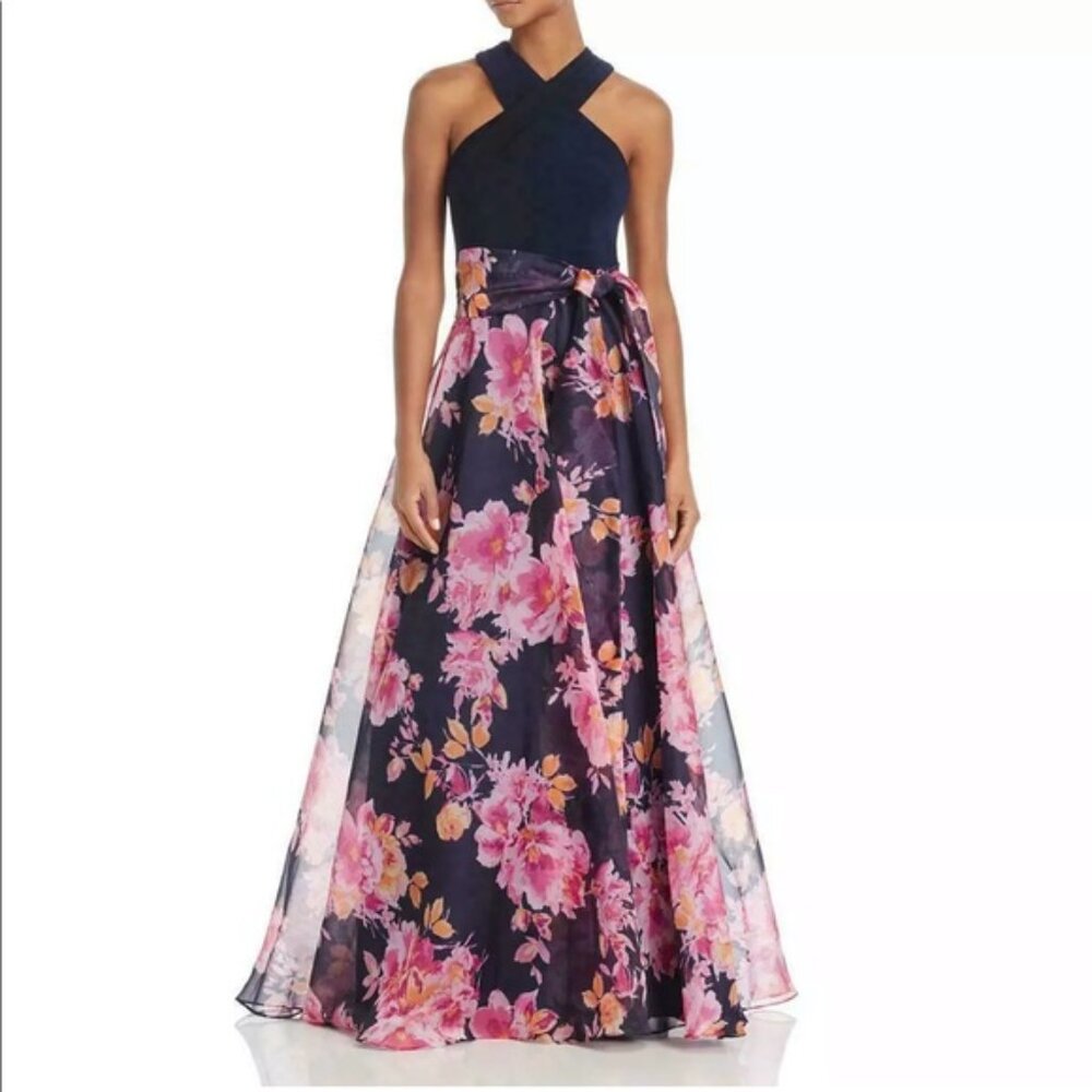 Eliza J Elegant Navy Floral Long Gown 8 EUC